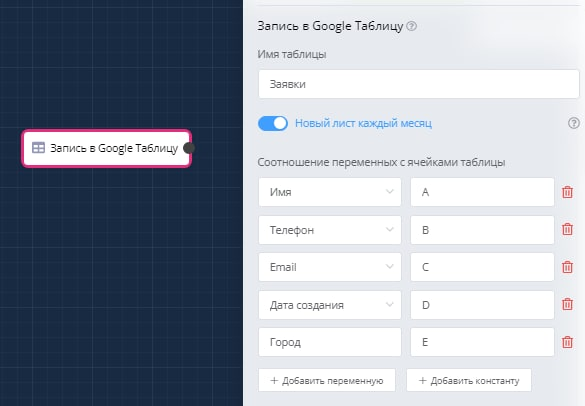 запись в google sheets